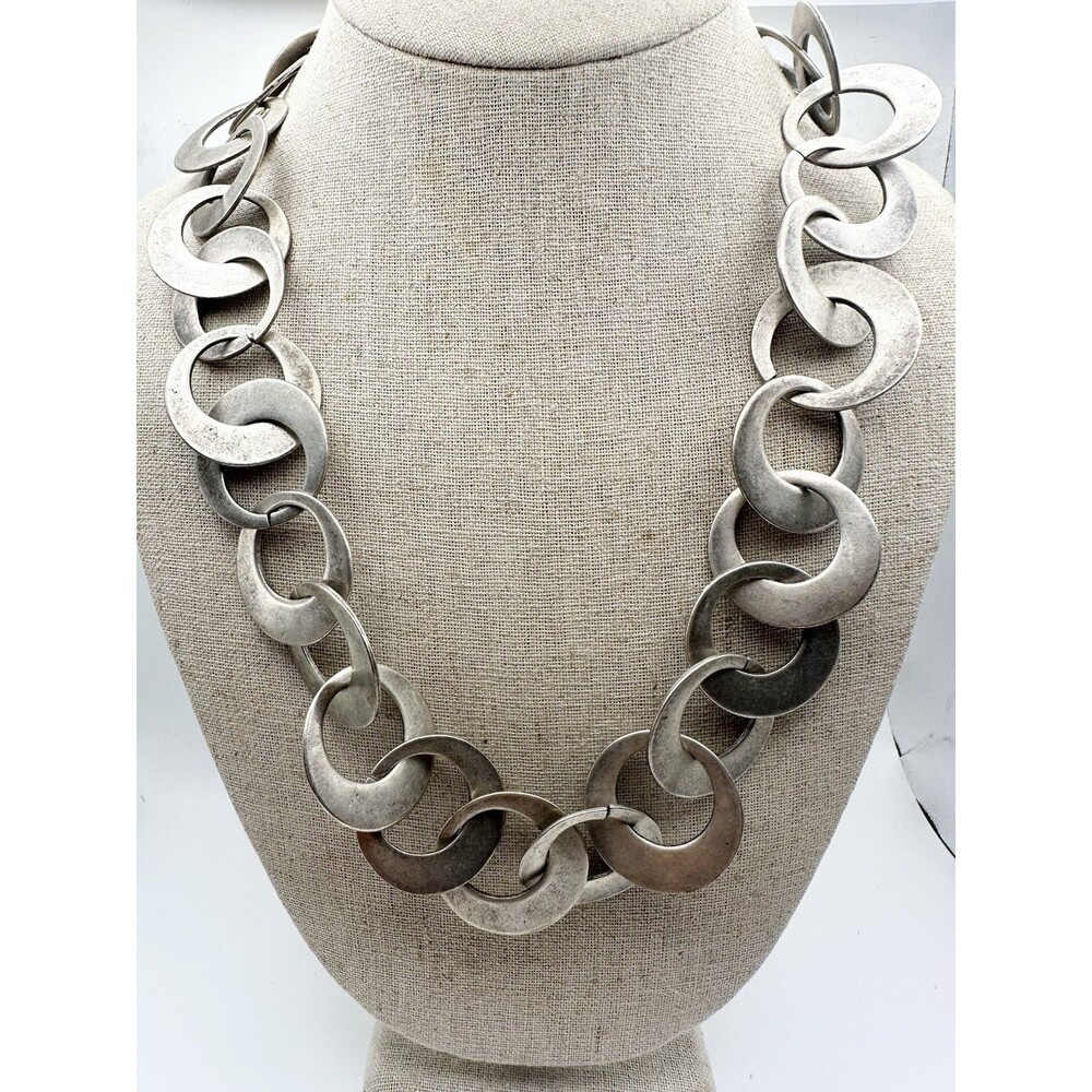 Vintage Silver Large Circle Link Chain Statement Necklace 22”